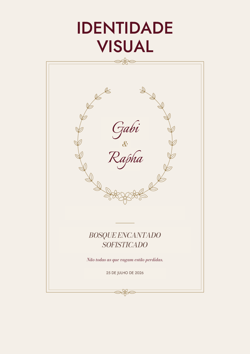 Capa ilustrativa da Identidade Visual de Gabi e Rapha, com moldura botânica, tons rubi e dourado e conceito Bosque Encantado Sofisticado