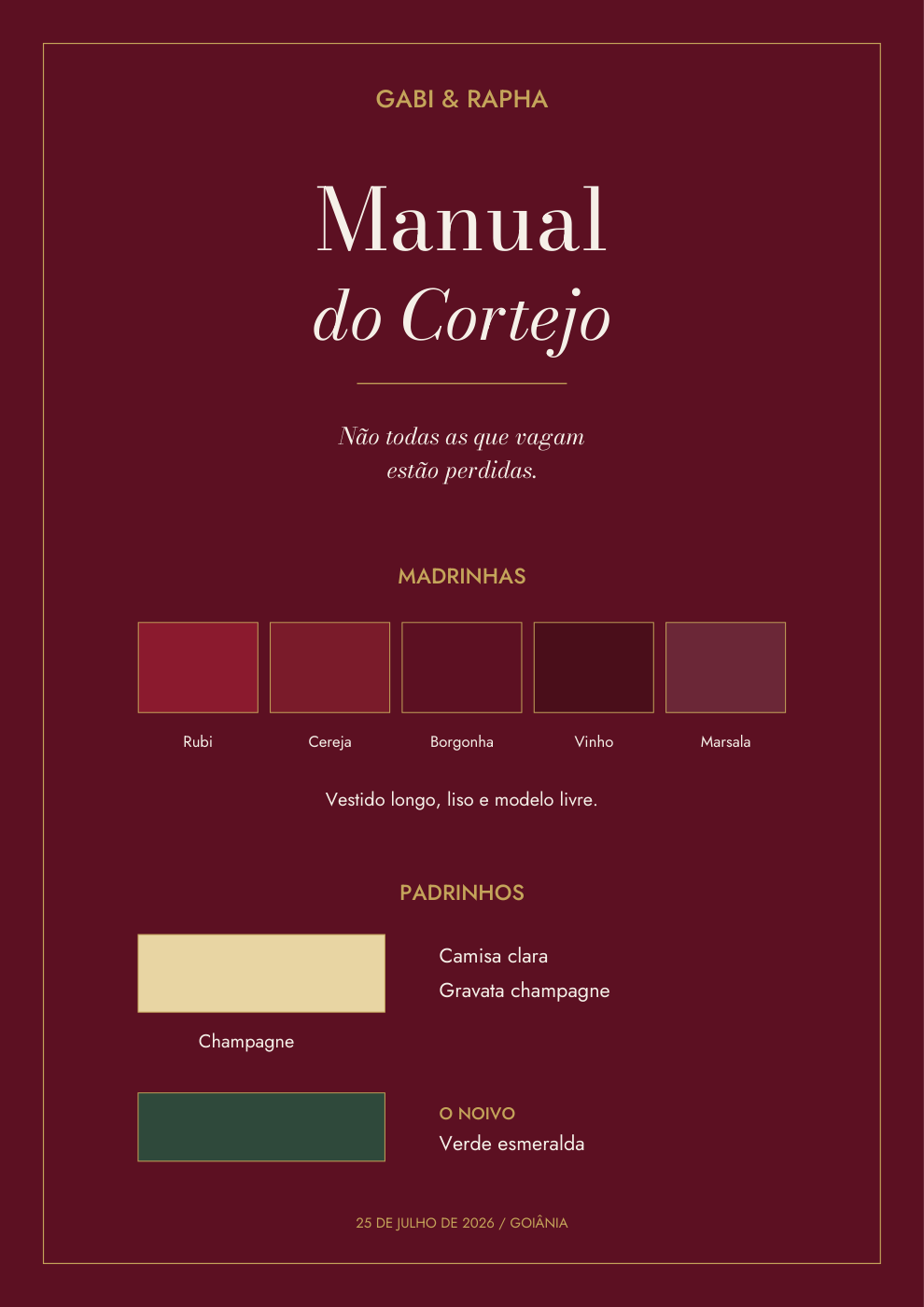 Capa ilustrativa vinho do Manual do Cortejo de Gabi e Rapha, com os vermelhos das madrinhas, champagne dos padrinhos e verde do noivo